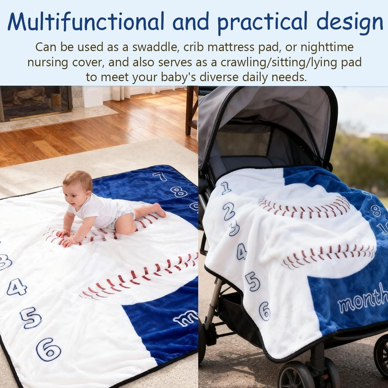 JIX SDFFAY Baby Monthly Milestone Blanket Baseball Month Blanket for Newborn Boys & Girls, Soft Flannel Mat with Photo Prop for Baby Shower, Neutral 47x47 Inches - Image 4